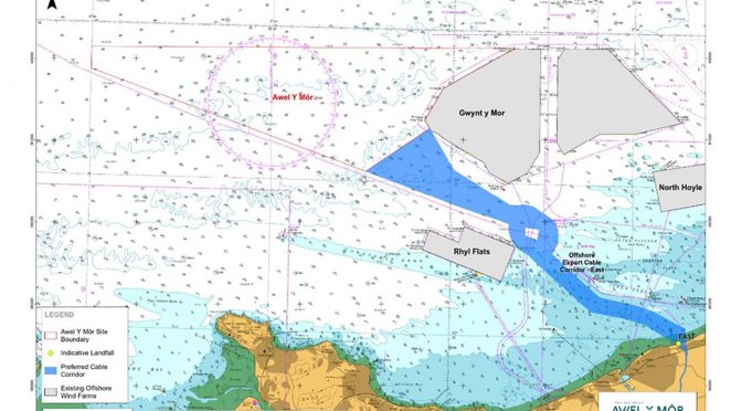 La central de energía eólica marina Awel y Môr liderado por RWE describe el corredor de transmisión preferido